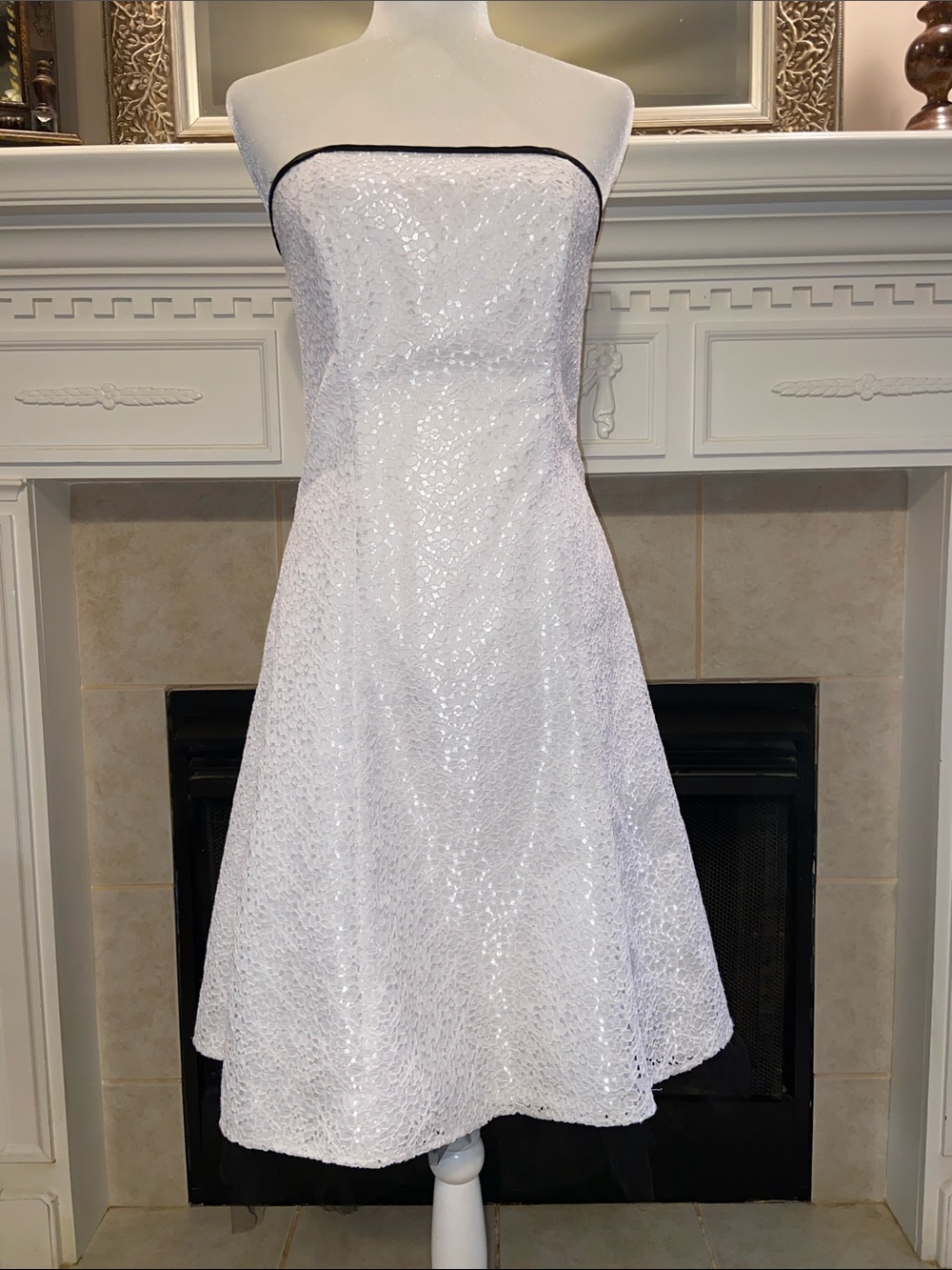 Vtg. Scott McClintock White Strapless Eyelet A-Line Dress Black Trim and Tulle